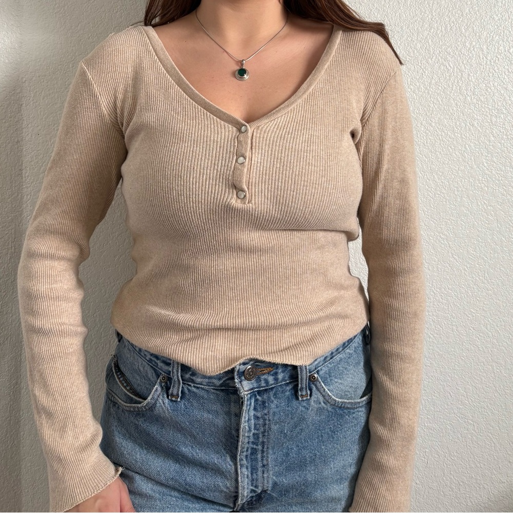 Beige Ribbed Long Sleeve Top